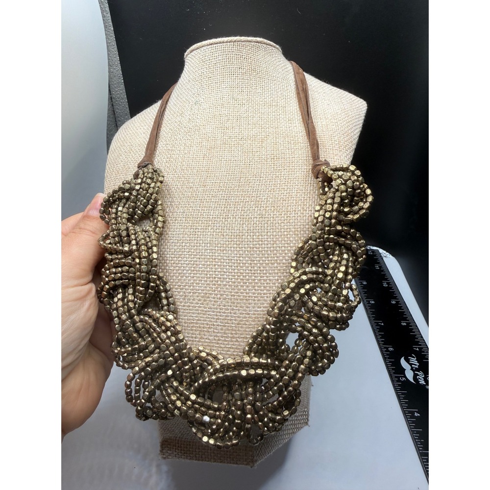 Antiqued Gold Tone Woven Bead Statement Bib Necklace Brown Suede Cord Adjustable